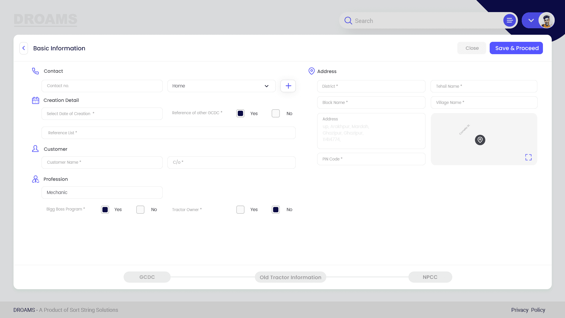 DROAMS Basic Information form — Contact, Creation Detail, Customer and Profession with GCDC stepper