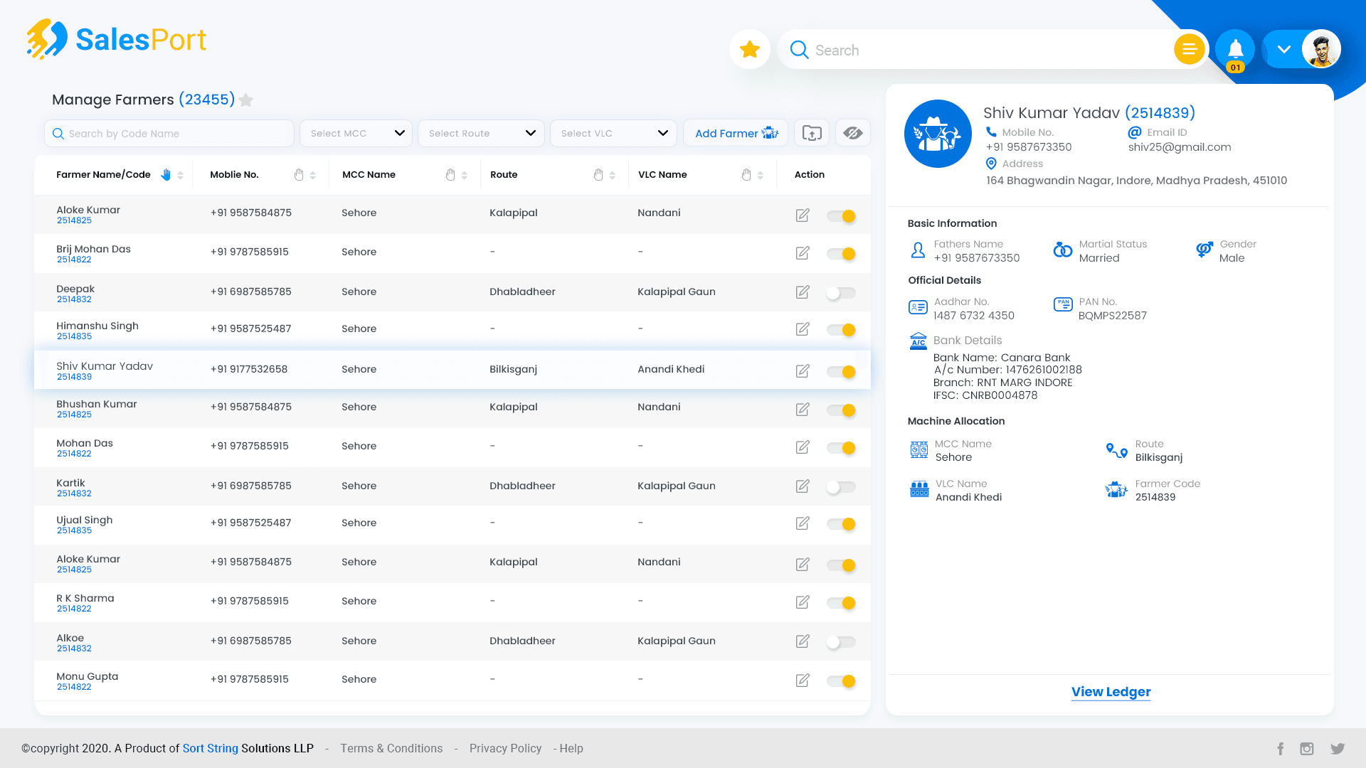 ProcuPort VLC collection screen — shift entries, farmer ledger and analyser readings