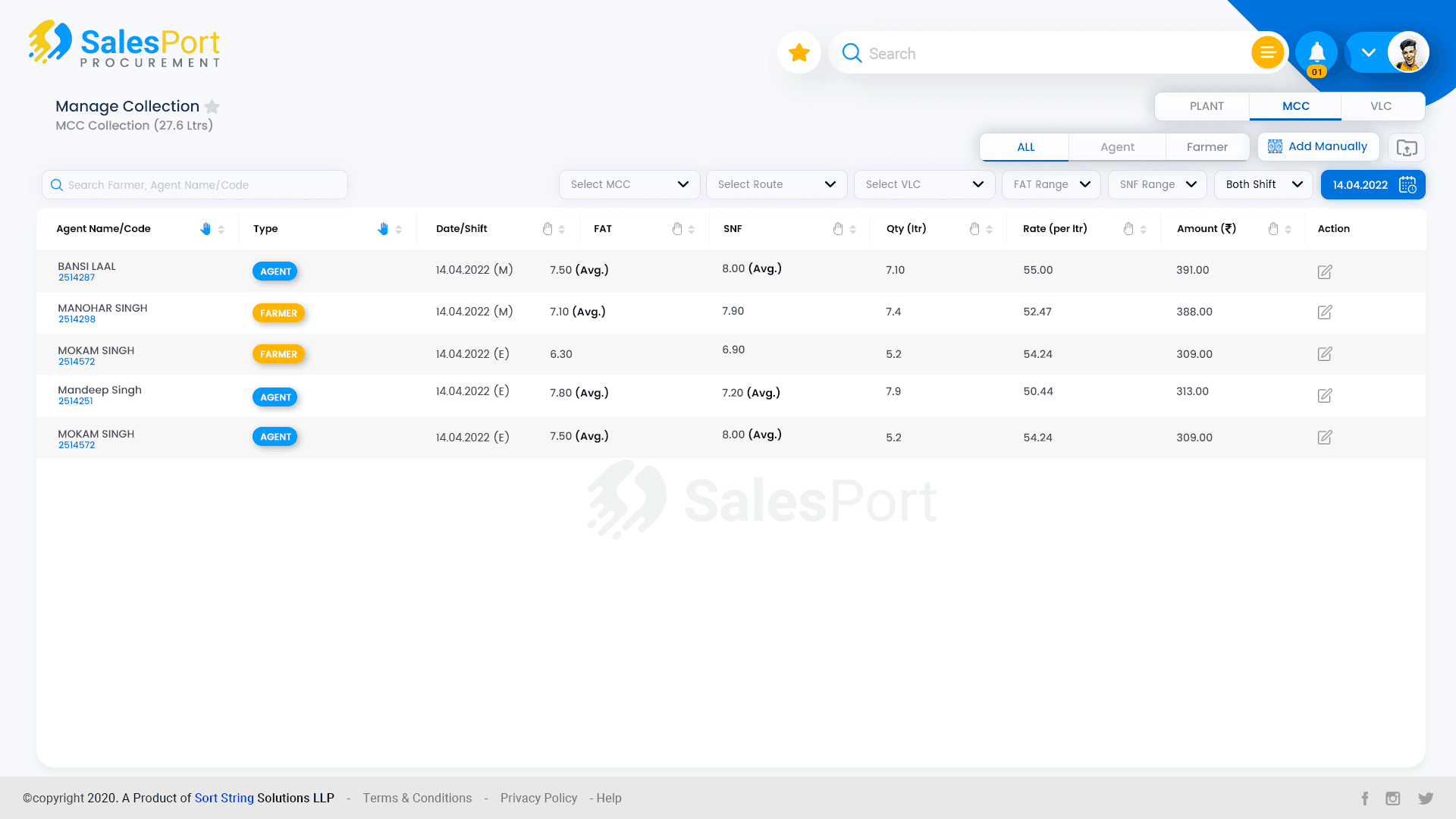 ProcuPort farmer payout summary — cycle-wise payout, advances and deductions