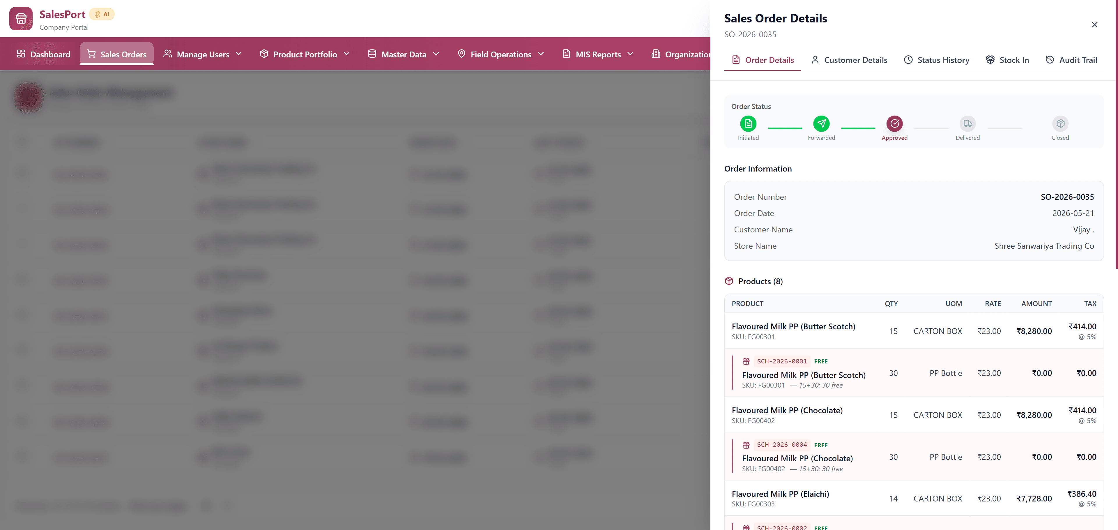 SalesPort Sales Order Details drawer — order status, products and tax breakdown