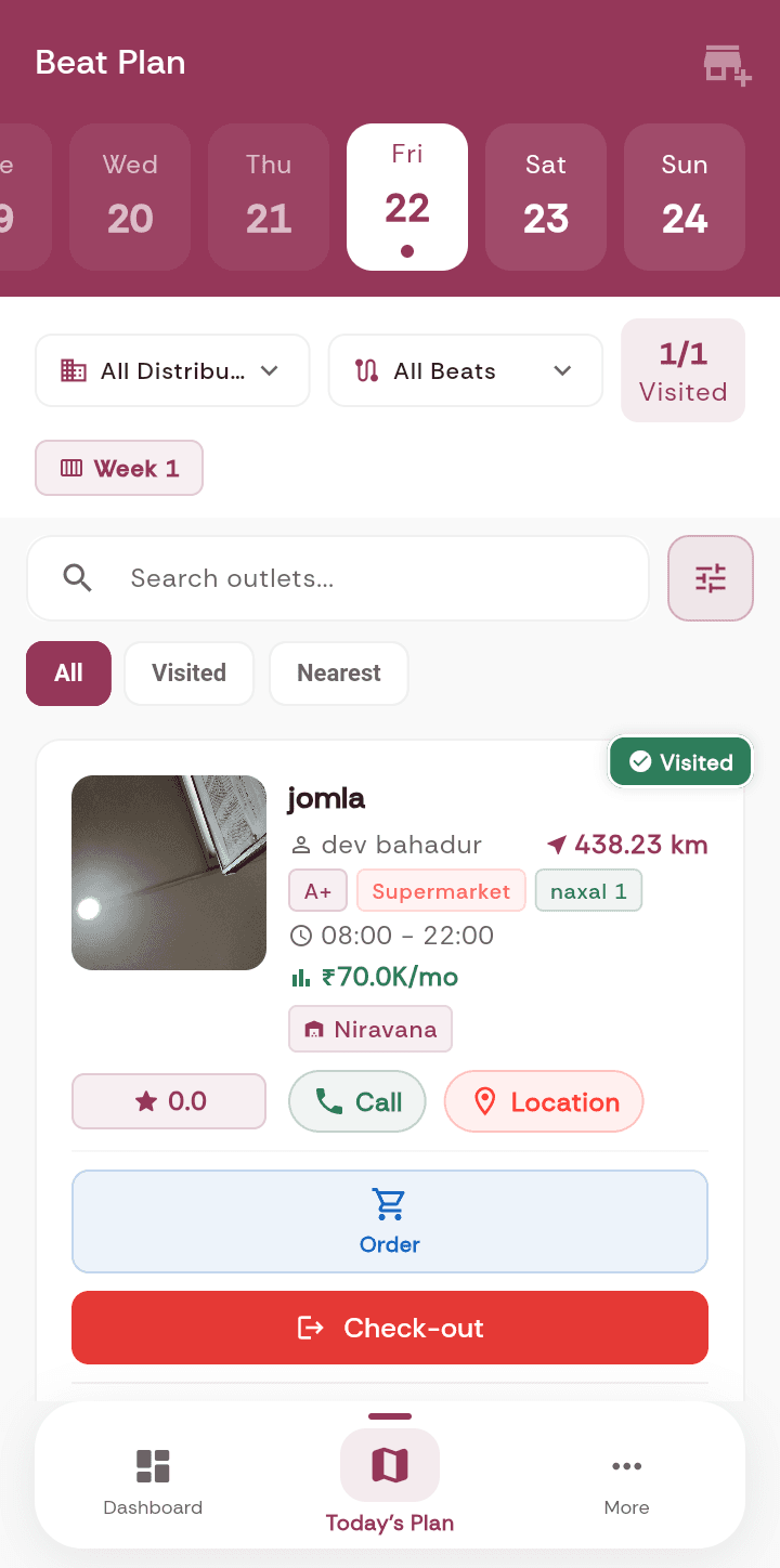 SalesPort mobile — today's plan with assigned outlets and visit progress