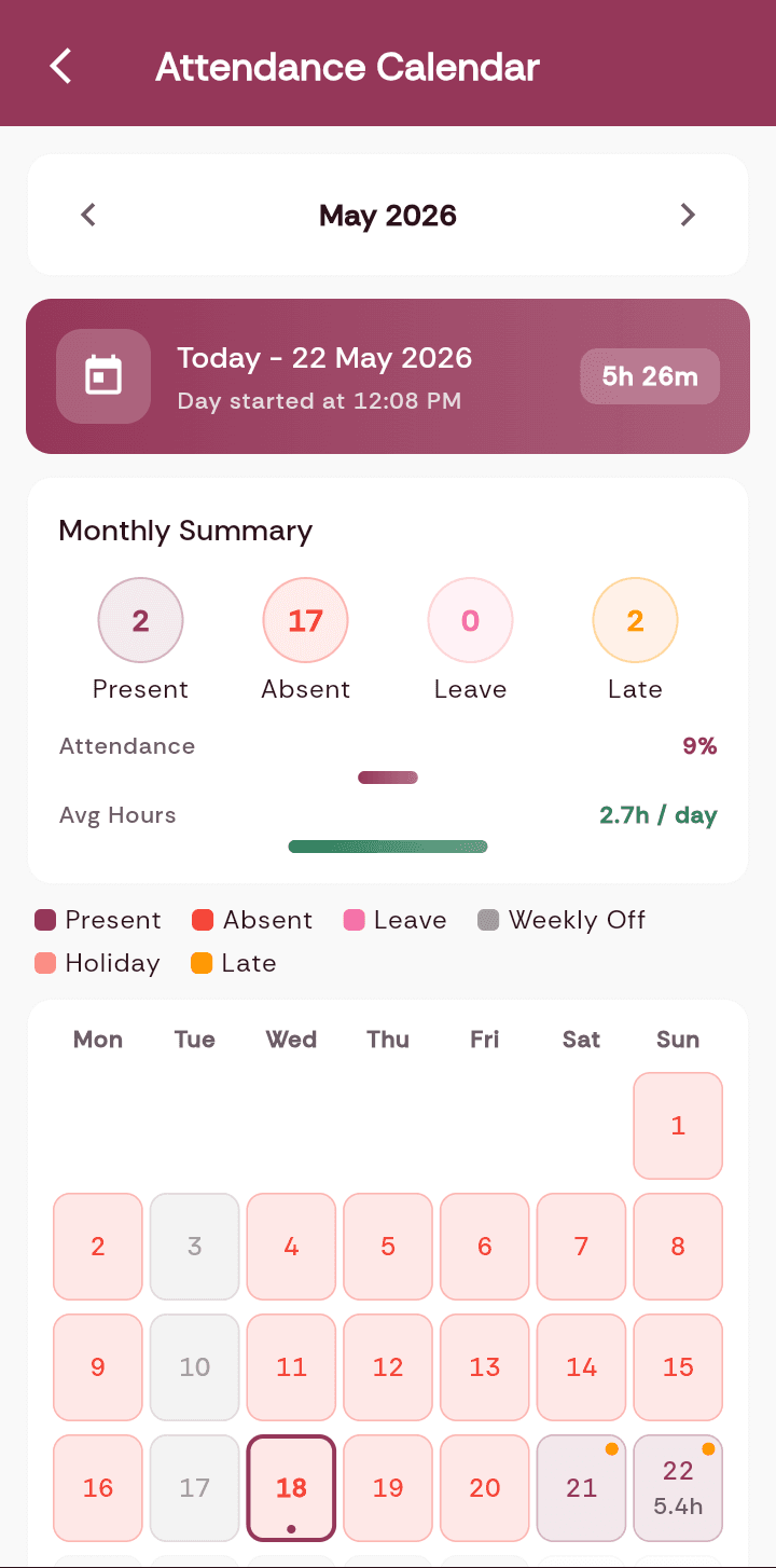 SalesPort mobile — attendance calendar with monthly summary