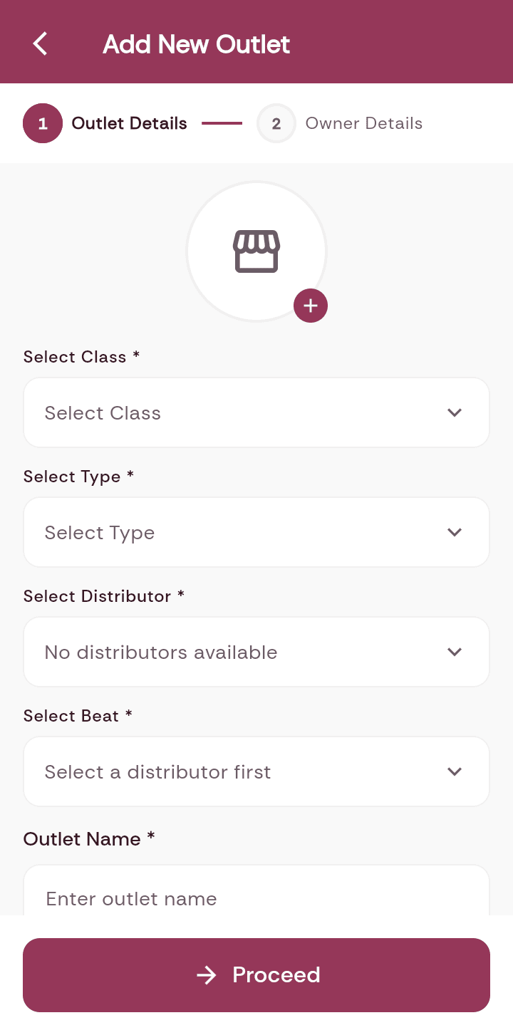 SalesPort mobile — add new outlet form with GPS check-in