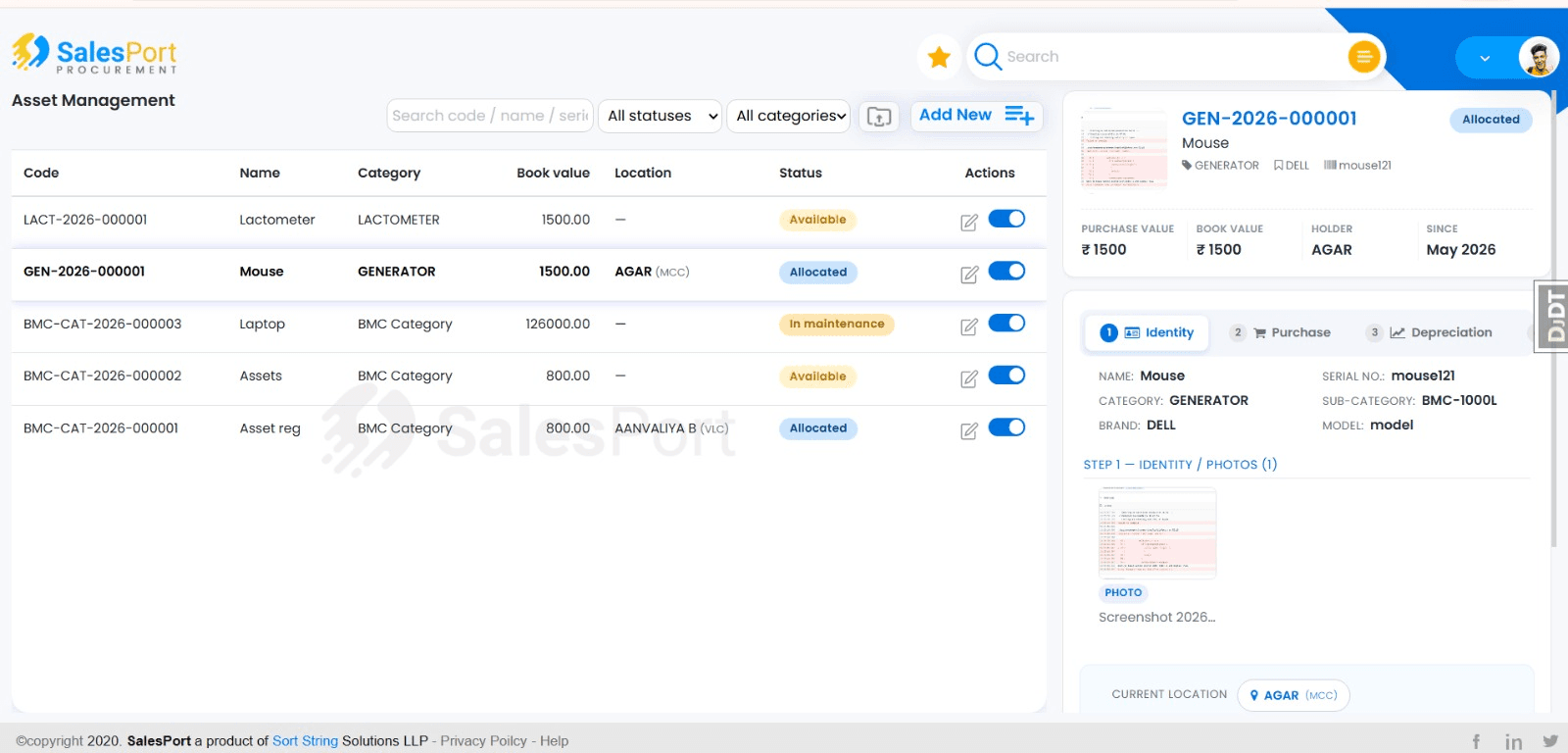 Asset Management dashboard — asset registry list with code, name, category, book value, location, status (Available / Allocated / In maintenance) and right-rail asset detail (Identity, Purchase, Depreciation)
