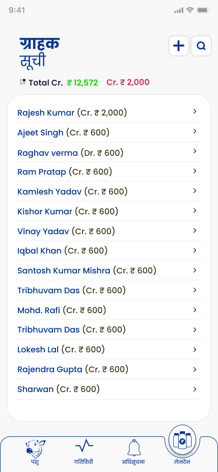 Milkshala mobile — ग्राहक सूची customer list with credit balances