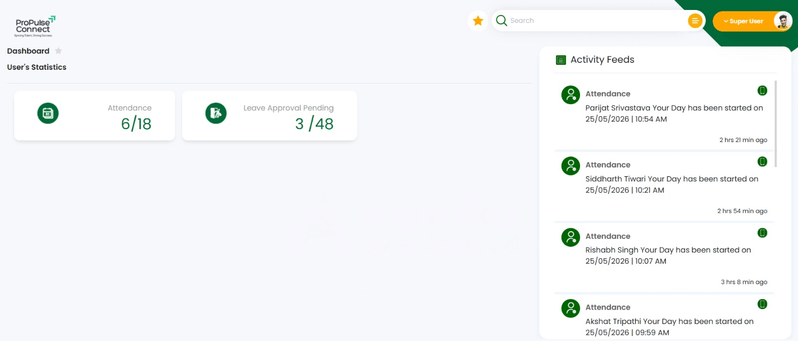 Propulse Connect dashboard — Attendance, Leave Approval Pending and live Activity Feeds
