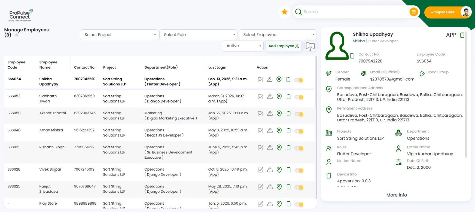 Propulse Connect Manage Employees — directory with right-rail employee profile, contact, addresses and device info