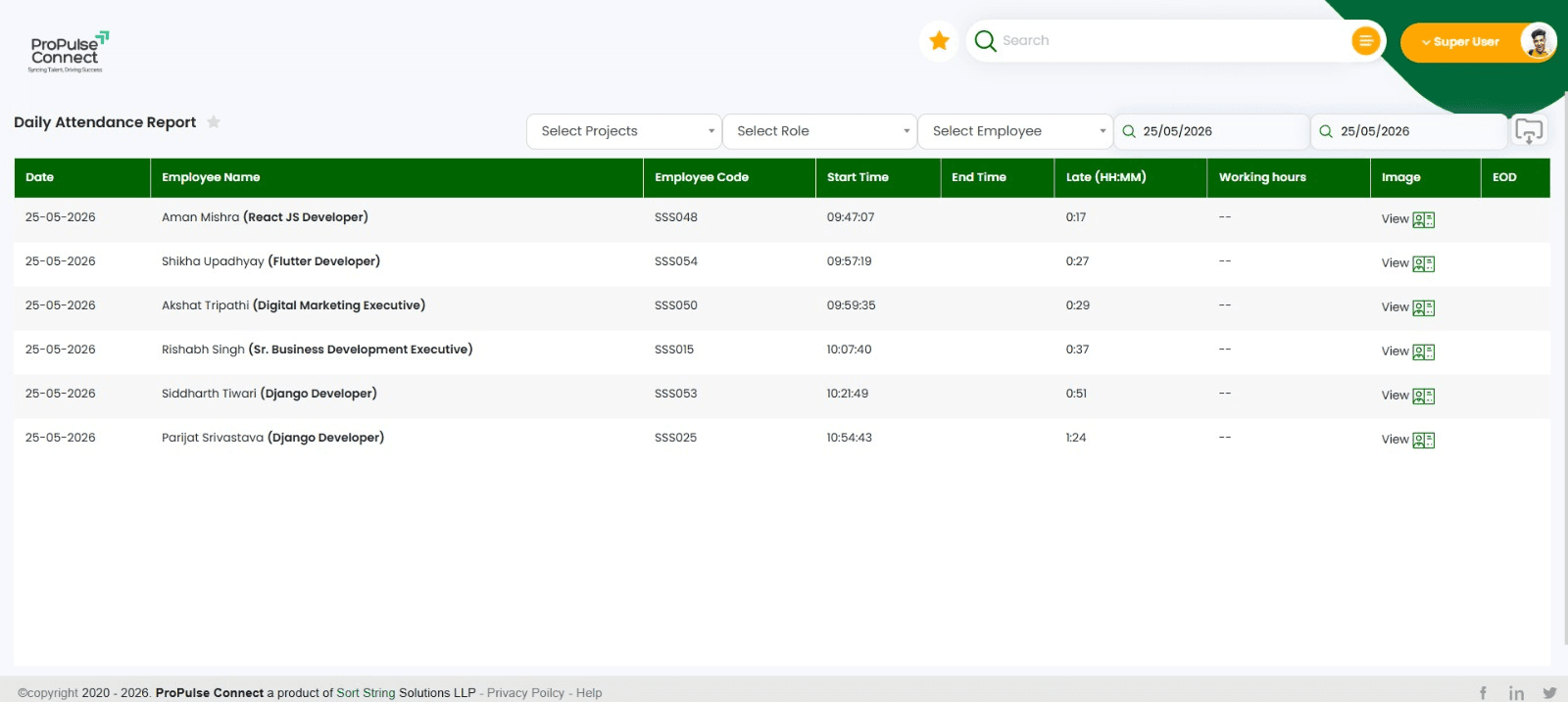 Propulse Connect Daily Attendance Report — start, end, late hours per employee with image and EOD