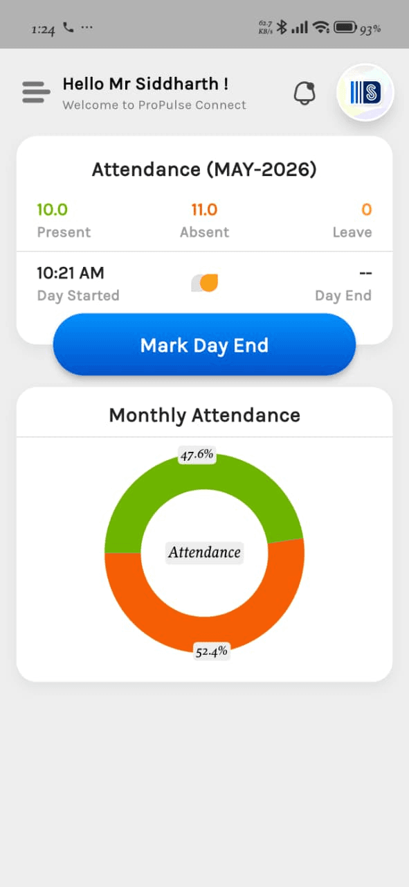 Propulse Connect mobile — employee home with monthly attendance card and Mark Day End