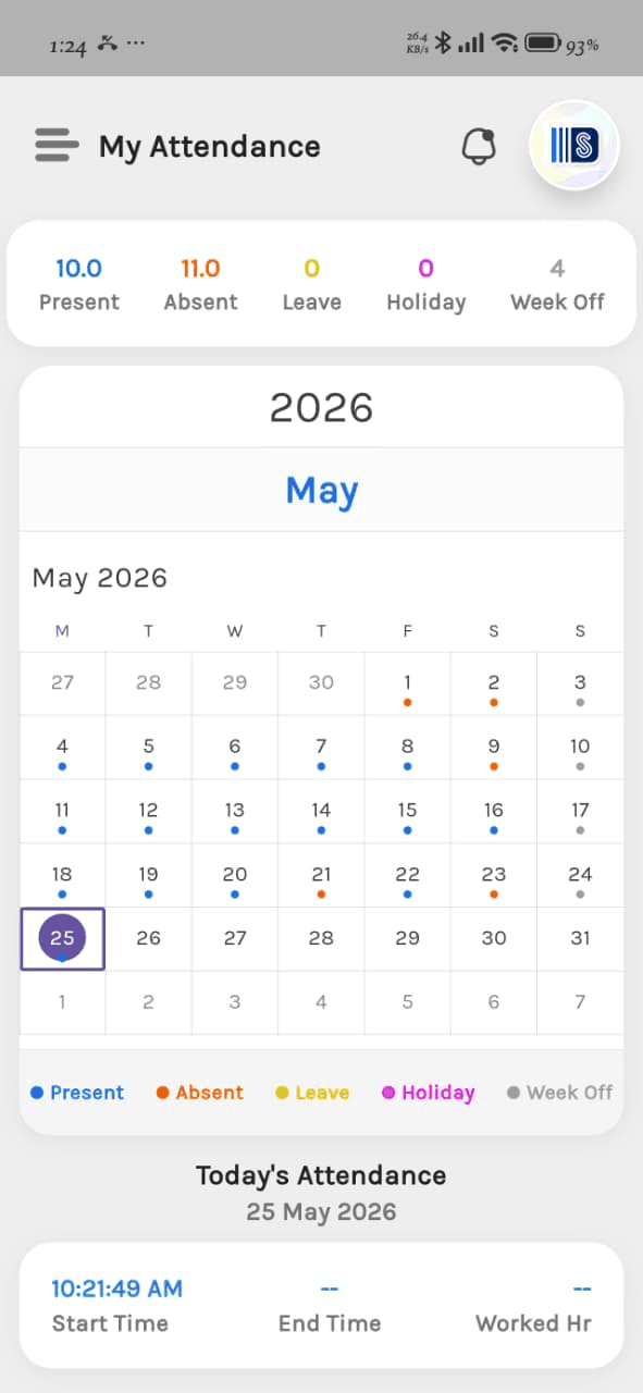 Propulse Connect mobile — My Attendance with monthly calendar and per-day status dots