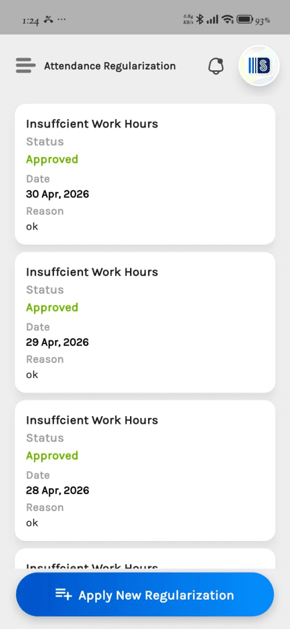 Propulse Connect mobile — Attendance Regularization list with Apply New Regularization