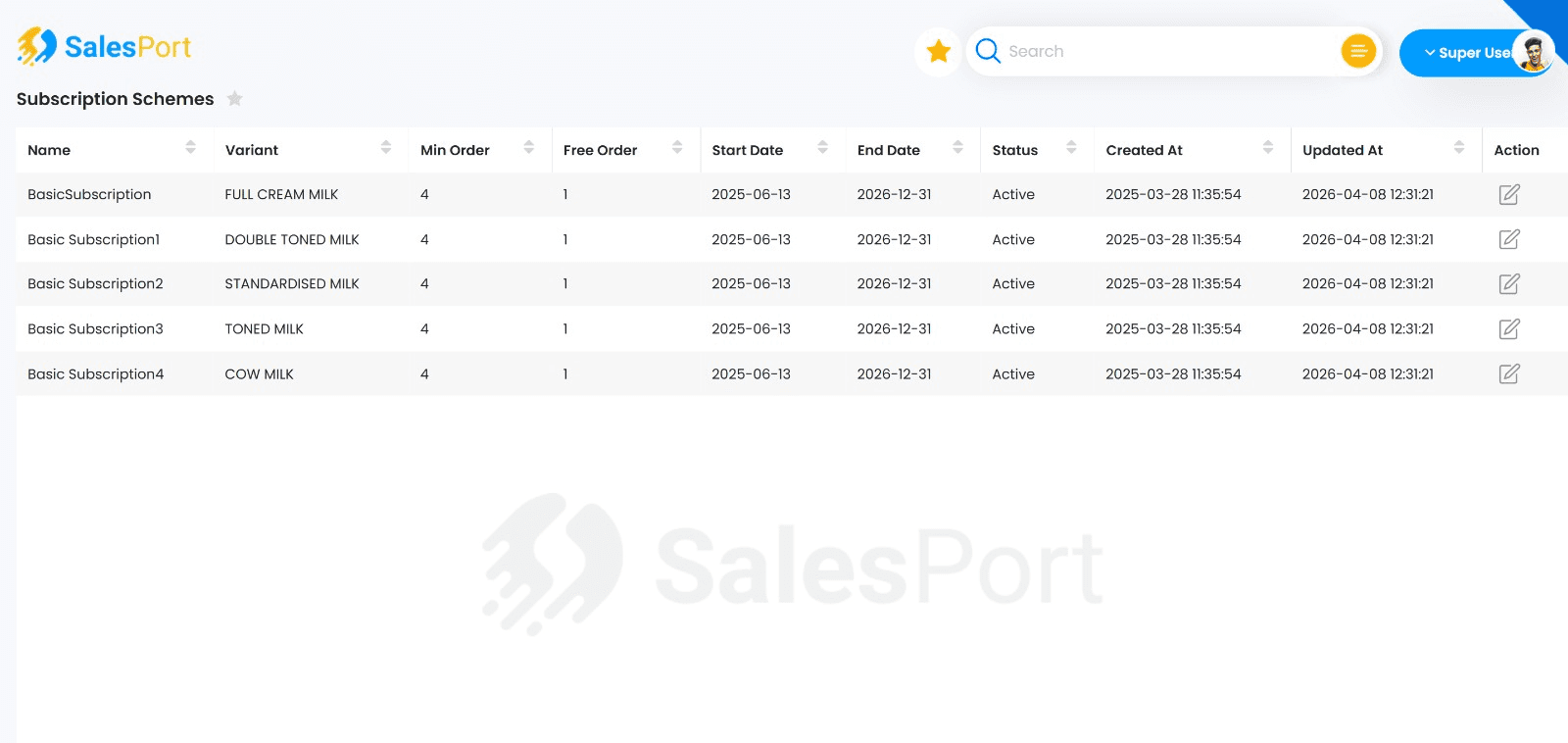 SubsPort subscription schemes — plan variants by milk type with min order, free order, validity dates and active status