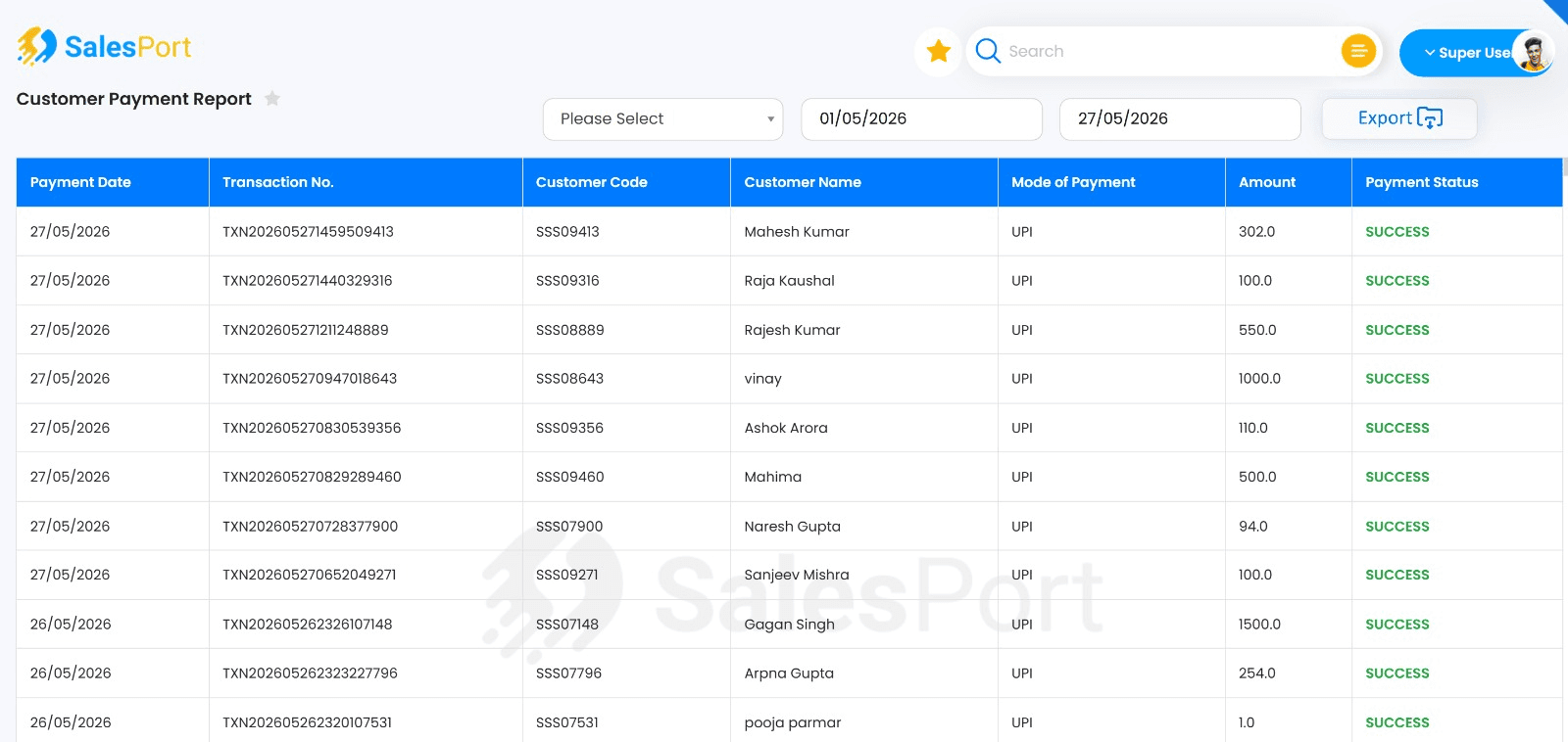 SubsPort customer payment report — UPI transactions with customer code, amount and success or failure status, date-filtered and exportable