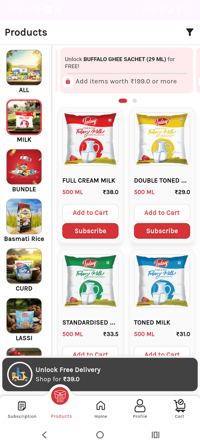 SubsPort customer app — product catalogue with category rail and add-to-cart or subscribe on each milk variant