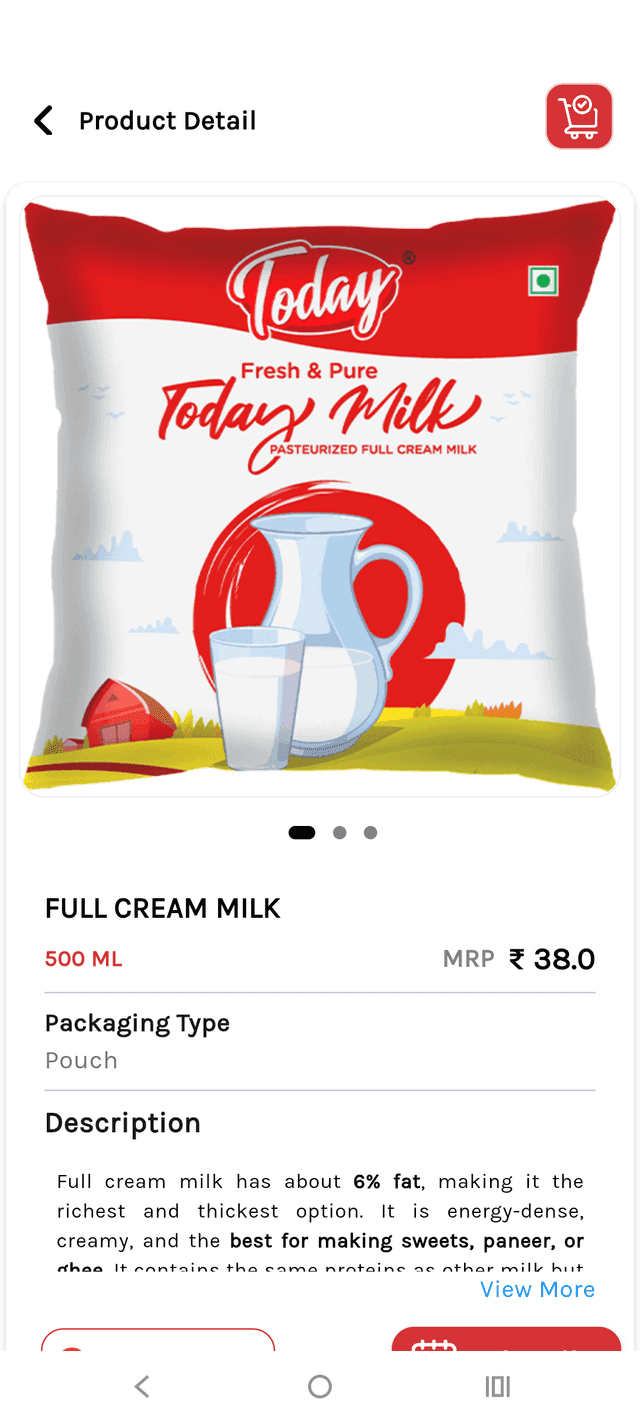 SubsPort customer app — product detail for Full Cream Milk with pack size, MRP and description
