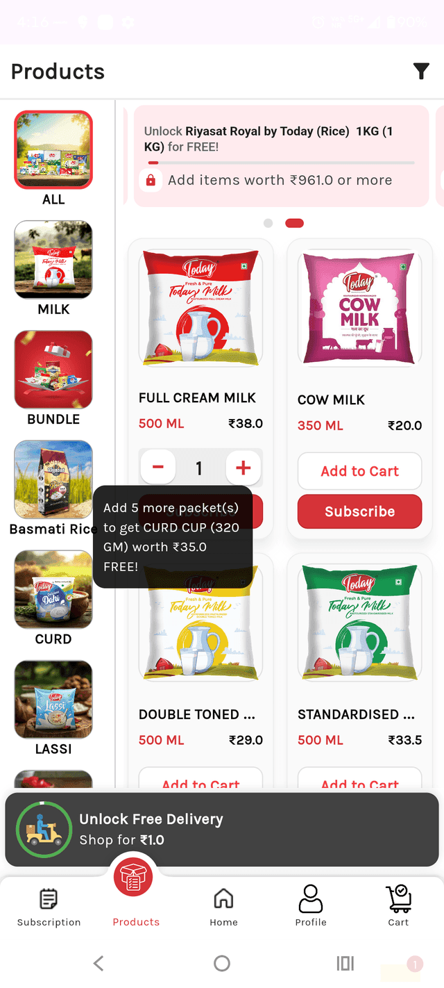 SubsPort customer app — catalogue with one-tap subscribe and a free-gift nudge on basket value