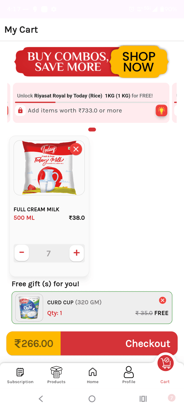 SubsPort customer app — cart with editable quantity, free gift and checkout total