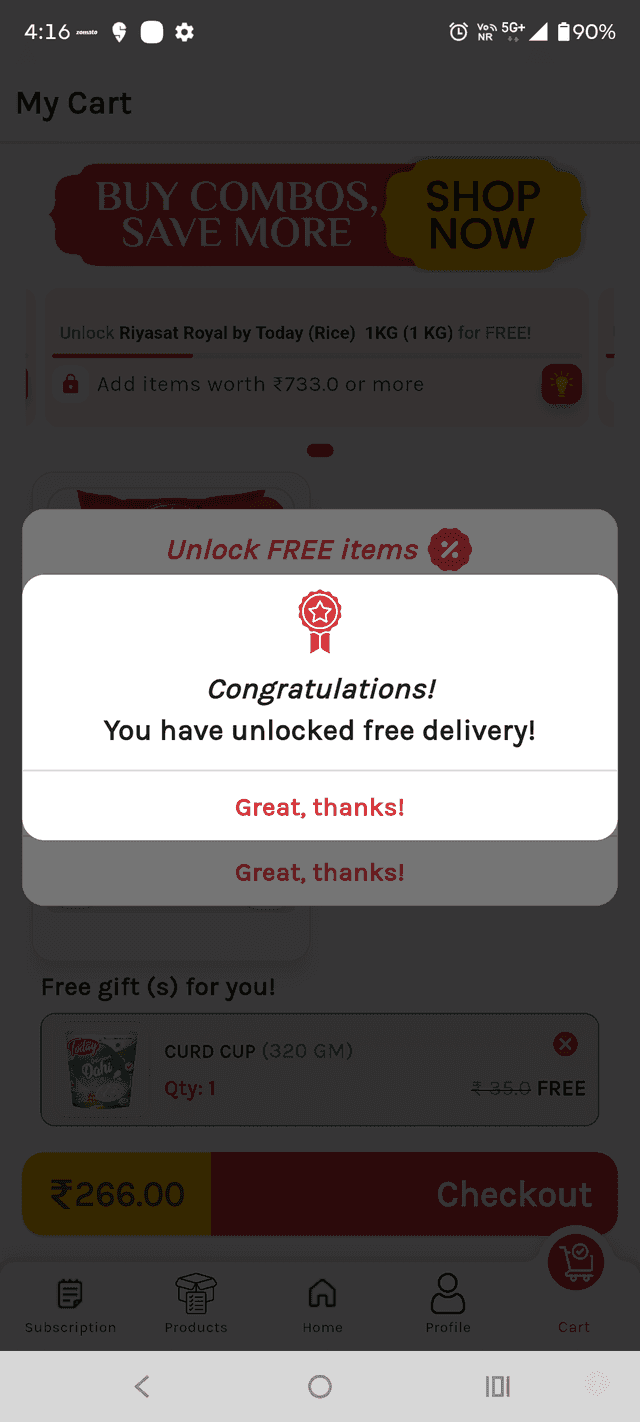 SubsPort customer app — free-delivery reward unlocked at checkout